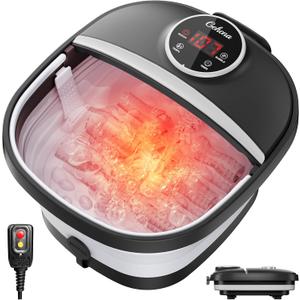 GEHONA Collapsible Foot Spa Bath with Heat, Foot Massager with Two Side Supports, Leakage Protector, Temperature Control, Bubbles, Red Light, Timer, Feet Soaker, Gifts (Deep Black)