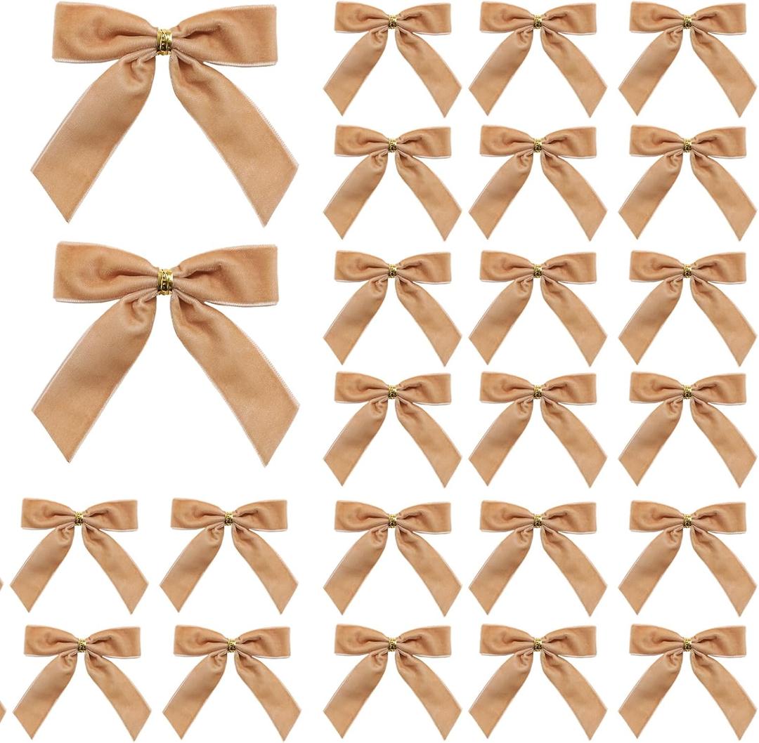 24 Pcs Velvet Ribbon Christmas Tree Bows Bow Tree Topper Door Garland Decor Vintage Wreath Bow Velvet Bows Ornaments for Christmas Trees Gifts Party Door Garland Wreath Deco (Khaki)