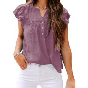 Orchidays Women's V Neck Lace Crochet Shirts Short Sleeve Button Down Casual Solid Blouse Tops (L)