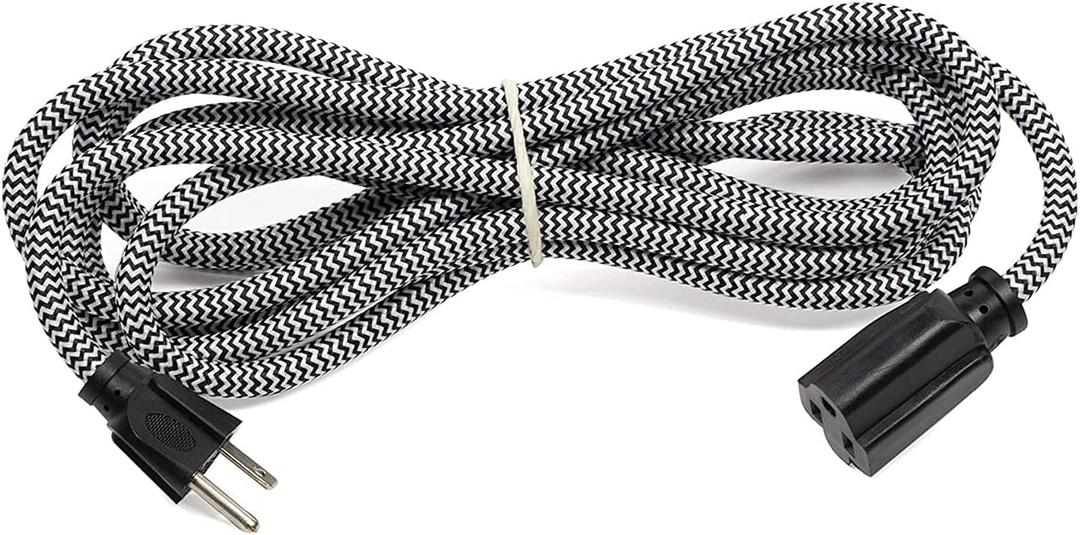 Rustic State 12 Feet Braided Zig Zag Fabric Power Extension Cord with Flexible Cable & 3 Prong Plug - Decorative Stylish Industrial Vintage DIY Projects - 18 Gauge Chevron - Black & White