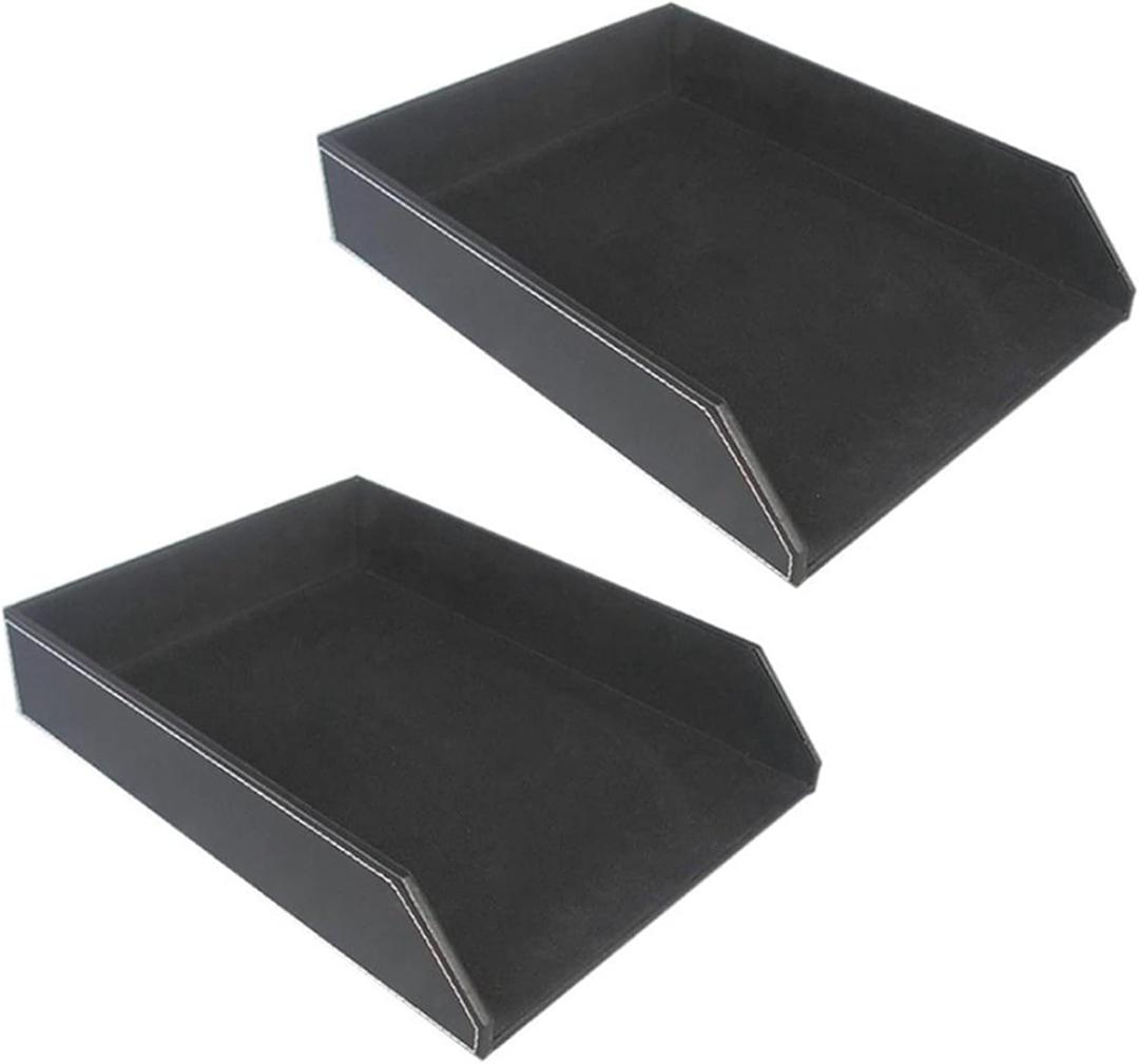 2X PU Leather Collection Letter Tray, Document Desk Organizer,Stackable Office File Document Tray Holder (Black)