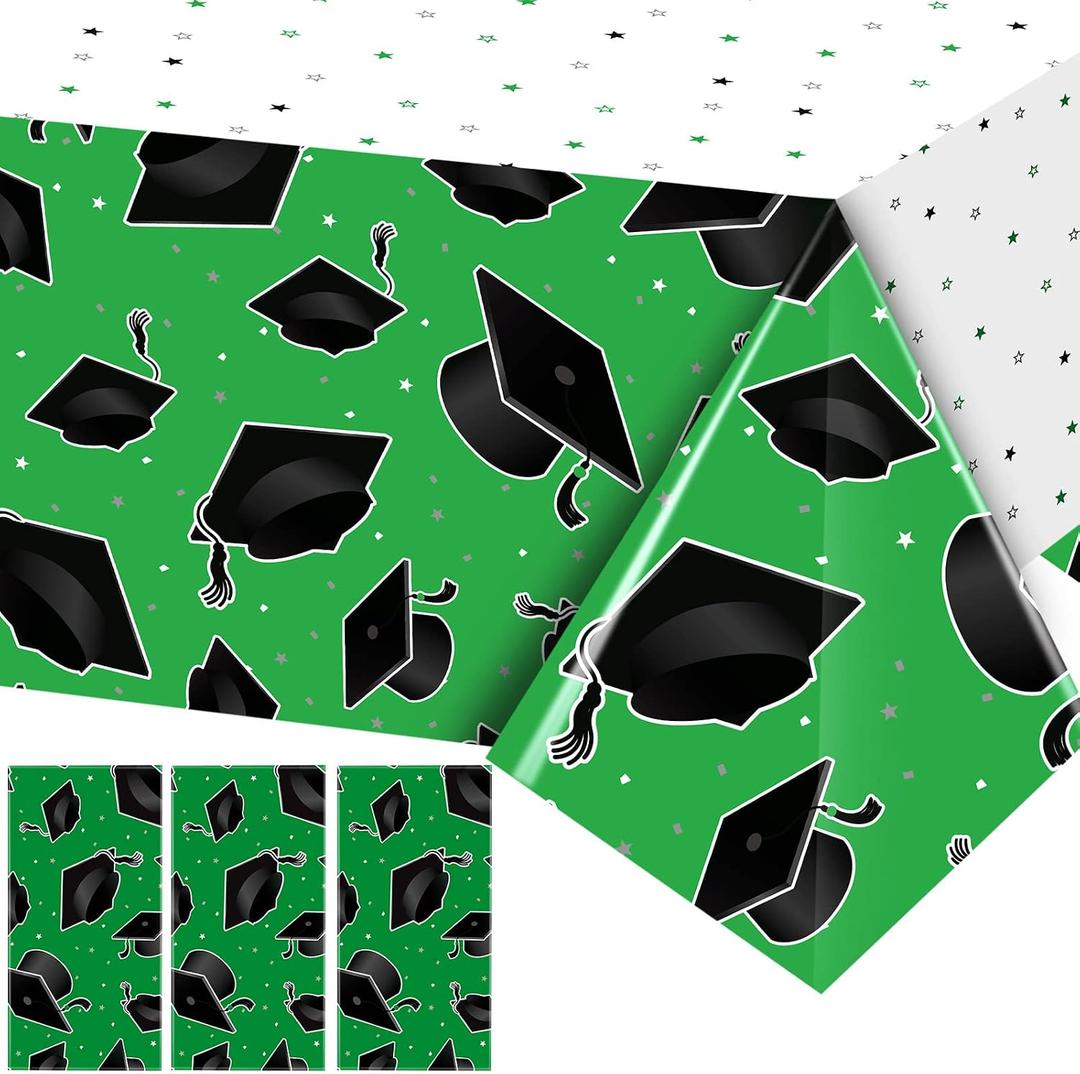 4 x Tranqun 3 Pcs 2026 Graduation Party Tablecloth Graduation Cap Rectangle Plastic Disposable Table Cover Congratulate Decorations for Congrats Grad Party, 54 x 108 Inch(Green and White)