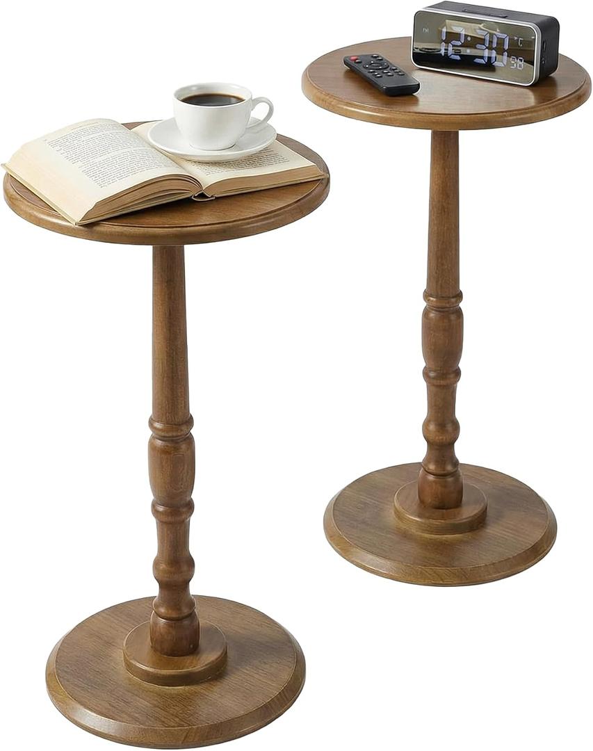 Small Side Table Living Room, Round Corner Table for Small Spaces Set of 2, Coffee Table with Solid Wood Pedestal Accent for Living Room, Corners, Bedroom, Bean Bag, Sofa Couch (Brown)