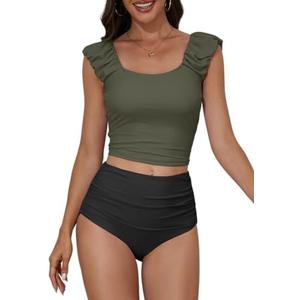 Eomenie Tankini Swimsuits for Women Ruched Tummy Control Bathing Suit Two Piece Swim Tank Top with High Waisted Bottom L