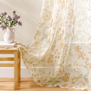 Sheer Floral Curtains 84 Inches Long 2 Panels for Living Room Rod Pocket Light Filtering Vintage Earth Ochre Flower Print Pattern Sheer Curtains Country Window Drapes for Bedroom, 52x84 Tan Beige