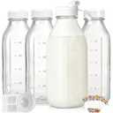 Liter Glass Milk Bottles w Scale, 100% Airtight Heavy Duty Screw Lid - 4 Pack 32 Oz Drinking Jars w Lids - Glass Bottles for Milk, Honey, Jam - Dishwasher Safe(Extra 2 Lids and 1 Pour Spout)