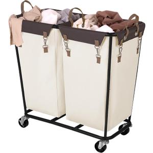 StorageWorks 280L Large Laundry Hamper with Wheels, Laundry Basket with Wheels 2 Sections, Clothes Sorter Cart with Divider for Hotel, Home, Beige, 1-Pack