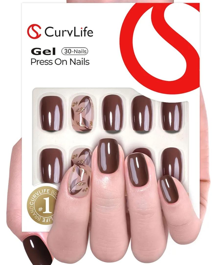 Curvlife 30pcs Press on Nails, Soft Gel Fake Nail with Botanical Brown Short Square Apricot Design, Full Cover False Nails Tips Glossy Nude Glue on Nails Artificial Stick on Nails for Women