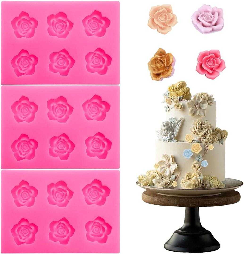 3Pcs Rose Flower Silicone Molds, Mini Rose Fondant Molds for Baking, Chocolate Candy Cookie Sugarcraft Clay Cupcake Topper Cake Decorating Wax Making Supplies (Pink)