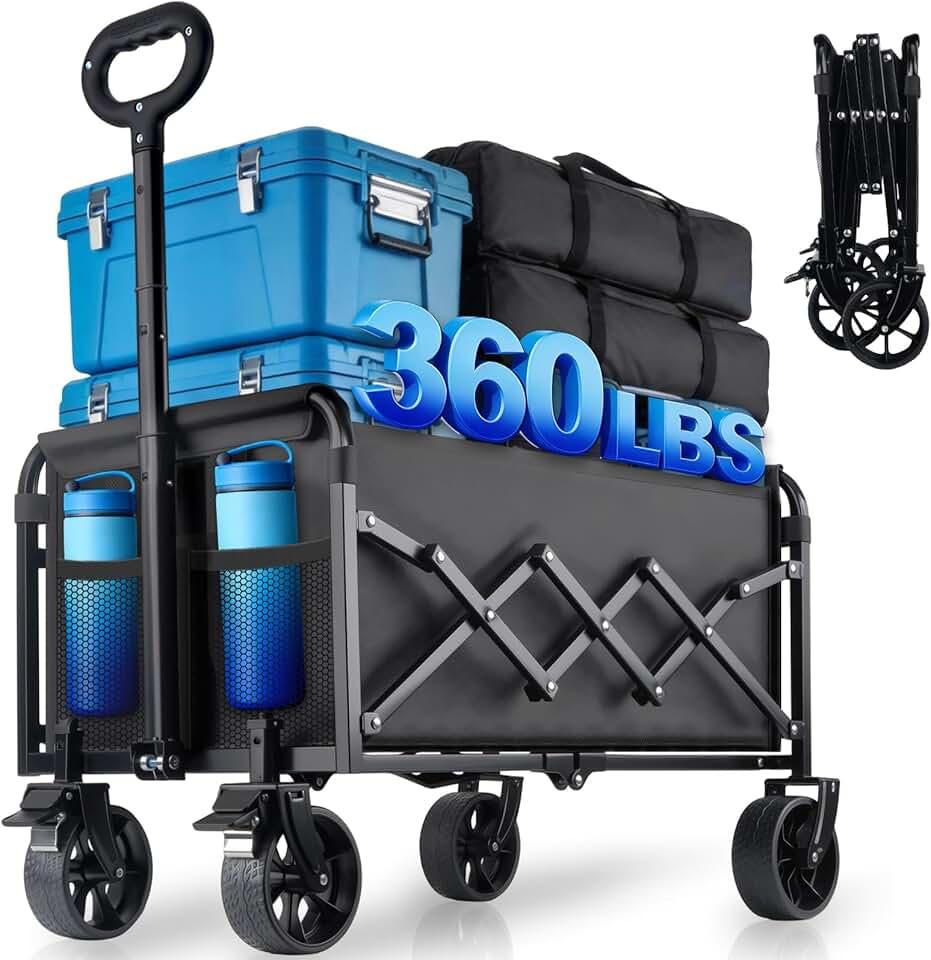 Collapsible Wagon Cart Foldable with Wheels - 360LBS Large Heavy Duty Folding Utility Wagon with All-Terrain Wheels & Brakes for Shopping Garden Beach Camping, 2 Drink Holders/Lightweight/Black