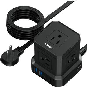 TOPREK Power Strip Surge Protector (700J), 10 FT Flat Extension Cord with 5 Outlets, 2 USB-C & 2 USB-A, Power Strip with USB for Home, Office, Dorm, Hotel, Travel, Compact Desk Charging Station