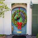 2 x BlissYard Christmas Door Cover 35x71 Inch Festive Horse Head Wreath Pine Cones Berries Holiday Banner Polyester Fabric Door Banner for Unique Home Entryway Equestrian Theme Decor Backdrop