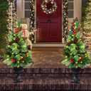 Set of 2 Pathway Christmas Tree Urn Filler, Lighted Artificial Mini Xmas Trees with Lights, Outdoor Christmas Decorations for Porch, Driveway, Yard (9 Pine Cones)