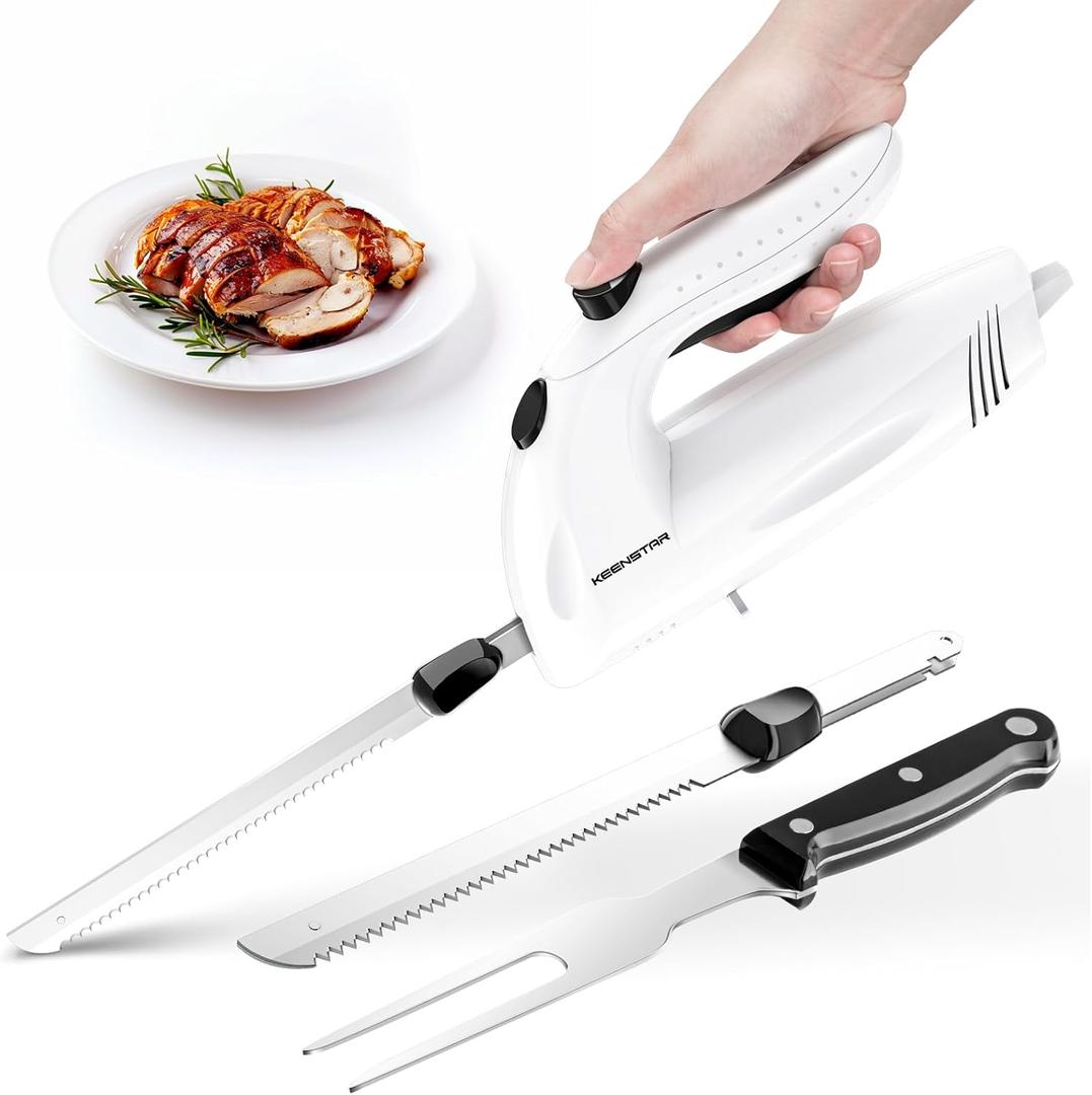 KEENSTAR Electric Knife for Carving Meat, Turkey, Bread, 150W Electric Knife Set with 2 Serrated Stainless Steel Blades & Serving Fork for Slicing Poultry, Ham & More, Ergonomic Handle & Safety Lock