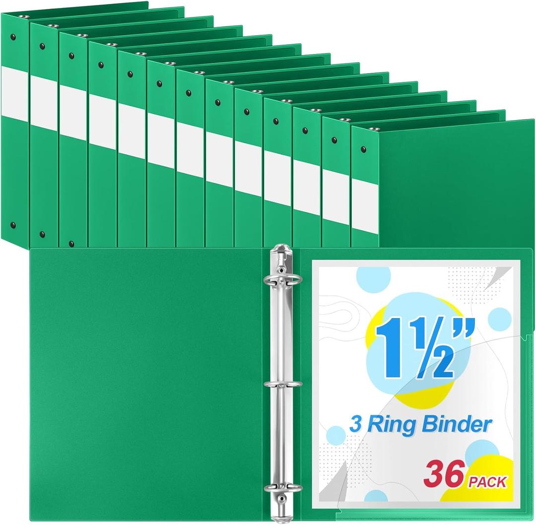 Henoyso 36 Pcs 3 Ring Binder 1.5 Inch Plastic Flexible Round Binder Fits Letter Size 8.5 x 11 Inch Paper Holds 300 Sheets with 1 Pockets for Office School (Green)
