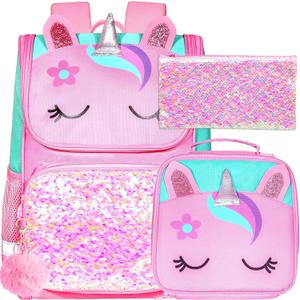 UFNDC 3PCS Unicorn Backpack for Girls, 15" Kids Sequin Bookbag with Lunch Box, Pink School Bag for Elementary Preschool Toddler