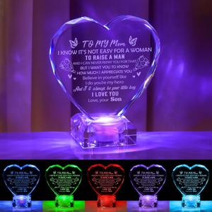Unique Gifts for Mom from Son, Love Crystal Gifts for Mom Mother's Christmas Day Birthday, Engraved Crystal Heart with Rechargeable Color-Changing LED Base