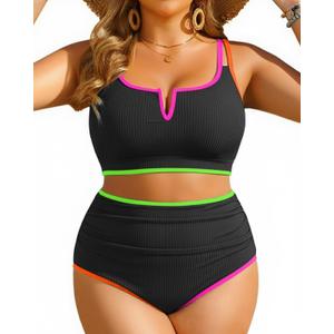 Yonique Women Plus Size High Waisted Bikini - Ribbed Two Piece Swimsuit Tummy Control Bathing Suit V-Wired 2026 Swimwear (Colorful Black)