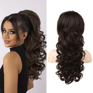 SEIKEA Ponytail Extension, 22" Long Wavy Curly Drawstring Ponytail, Multi-Layered Fluffy Thick Clip-In Hair Extension, Natural Soft Synthetic Hairpiece, Black Brown