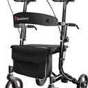 Aliseniors Upright Walker for Seniors - Stand Up Rollator with Seat, Foldable 4 Wheel Rolling Walker with All-Terrain 8" Wheels, Adjustable Padded Armrests (5'2"-6'2"), 300lbs Capacity, Black