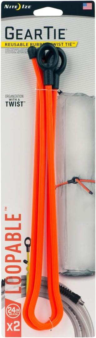 Nite Ize Gear Tie Loopable, The Original Reusable Rubber Twist Tie With Sturdy Integrated Loop, 24-Inch, Bright Orange, 2 Pack, Made in the USA