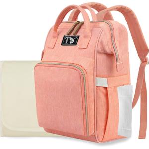 Diaper Bag Backpack for Women - Multifunction Travel Essentials Baby Diaper Bag with Changing Pad, Large Backpack Baby Girl Boy, Insulated Bottle Holders & Stroller Straps (Pink+Orange)