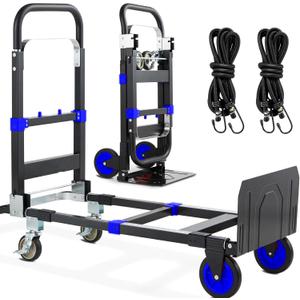 3-in-1 Folding Hand Trucks, 600Lbs Convertible Hand Truck Dolly, Heavy Duty Convertible Dolly with Retractable Handle and 4 Rubber Wheels, Collapsible Cart for Moving Office/Home/Warehous (Blue)