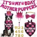 Dog Birthday Decorations, Multi Sizes Dog Birthday Bandana Girl Dog Birthday Hat Crown Bow Tie Birthday Numbers Its My Bday Mother Puppers Sign Banner for Medium Large Dogs Pets (Pink, Large)