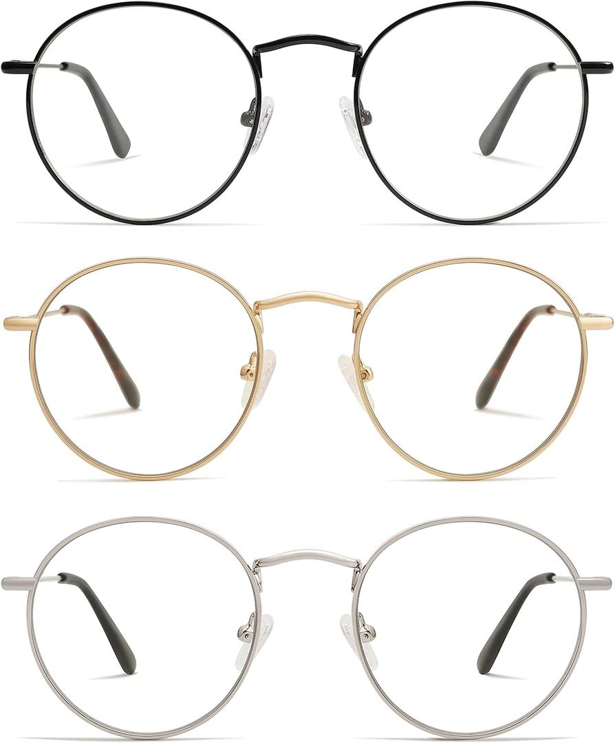 3-Pack Retro Round Reading Glasses for Men Women Trendy Blue Light Blocking Computer Readers Metal Frame AM6101 Mix (+1.75 Magnification Strength)