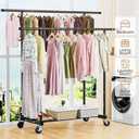 Abiglifty Double Rods Clothes Rack for Hanging Clothes, Clothing Rack with Wheels, Portable Closet Organizer for Laundry, Room (Black)