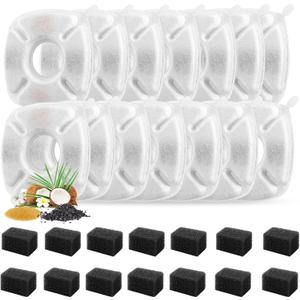 Porens 28 Pcs Cat Water Fountain Replacement Filters-14 Pack Water Fountain Filters 14 Pack Pre-Filter Sponges, Pet fountain replacement filters Fit for 95oz/2.8L Cat Pet Fountain, white + black