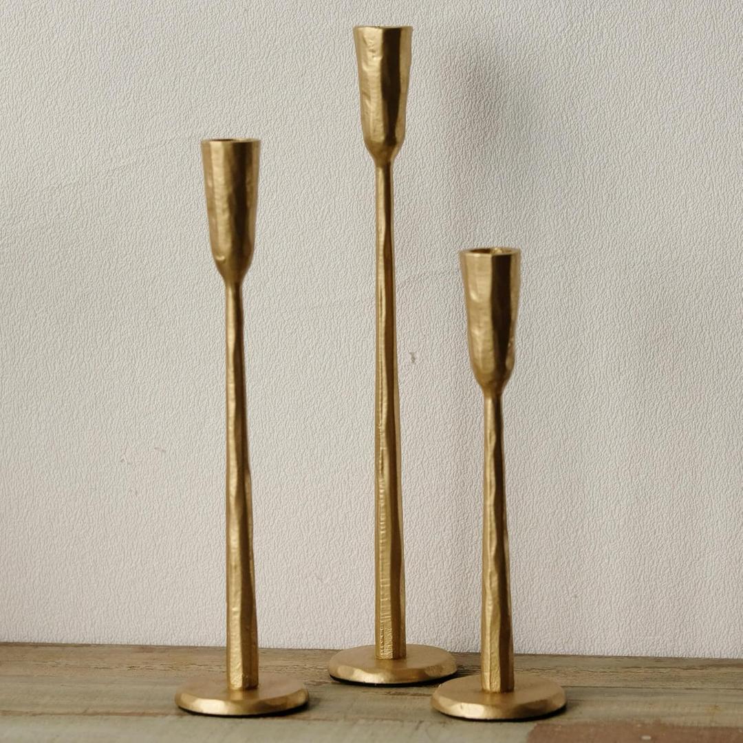 Gold Iron Taper Candle Holder Set of 3, Heavy Wrought Iron Candlestick Holders Decorative Candle Stand, Vintage Candle Holder for Wedding, Dining, Home Decoration