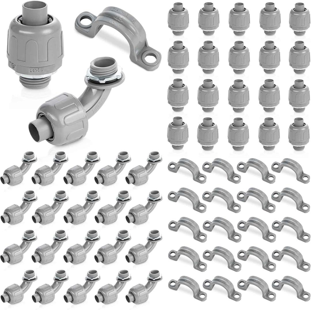 (1/2" Conduit Parts 60 Pack) Yariwiz 1/2 PVC Electrical Conduit Fitting Plastic Liquid Tight Conduit Connector Kit, Include 20 Conduit Couplings, 20 Conduit 90 Degree Elbows and 20 Conduit Straps