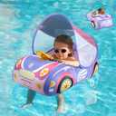 Baby Pool Float with 3D Car Design, PVC Baby Swim Float, Toddler Pool Float, Swimming Floats Seat Boat Pool Toys with Steering Wheel for 12-18, 12-24 Months, Age 2-3, 3+ Years Girl Boy (Pink Canopy)