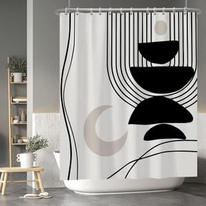 Black Gray Bohemian Shower Curtain for Bathroom Decor Abstract Moon Striped Geometry Pattern Bathroom Curtains 60x72 Inch with Hooks Modern Waterproof Bathroom Shower Decor Accessory Set, 60W x 72H