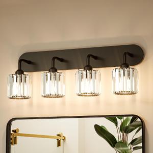 Keonjinn 4-Light Bathroom Light Fixtures, Crystal Black Bathroom Vanity Lights Over Mirror, Vanity Lighting Fixtures with Crystal Square Shades (E26 Socket, Exclude Bulb), 27.95"L x 8.5"W x 7.09"H