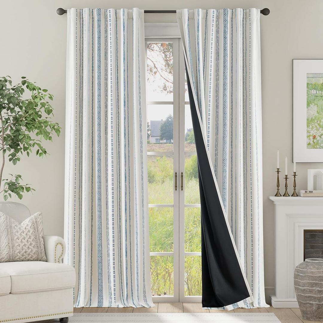 jinchan 100% Blackout Curtains 96 Inches Long for Bedroom, Boho Insulated Curtains Blue Striped Pattern Geometric Drapes Back Tab Rod Pocket Room Darkening Retro Farmhouse Pattern 2 Panels