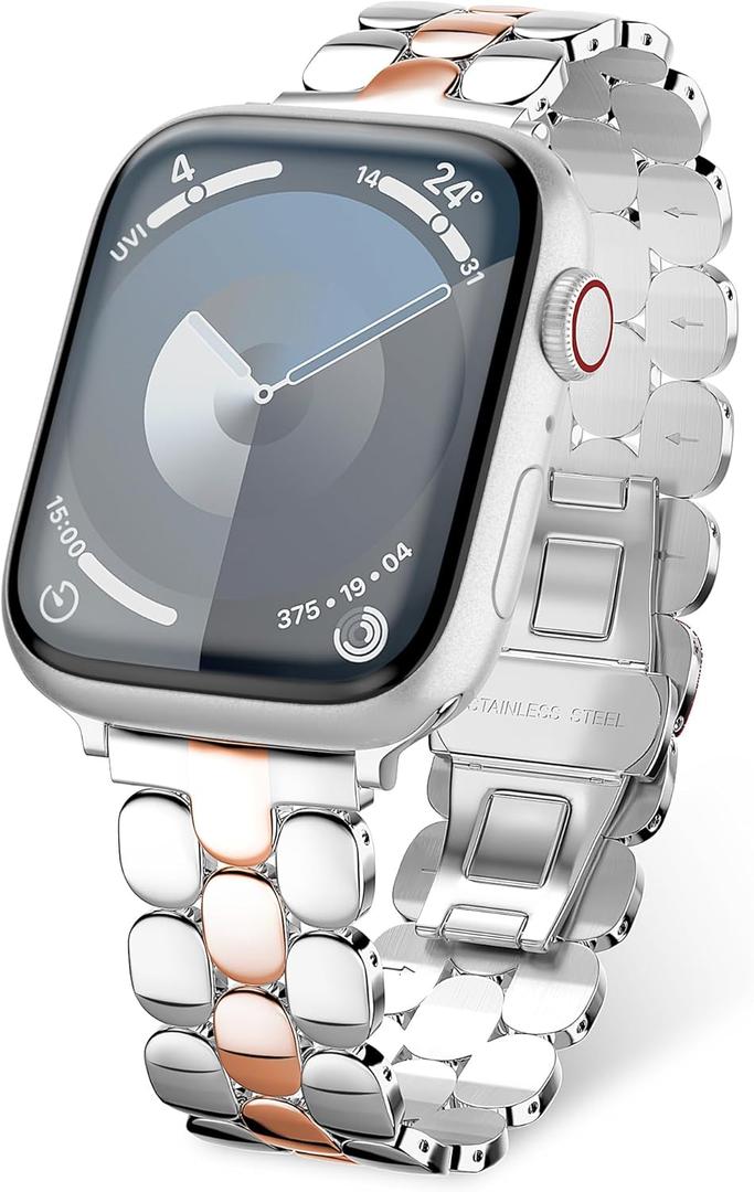 Compatible with Apple Watch Band 41mm 40mm 38mm 45mm 44mm 42mm Women,Cute Stainless Steel Metal iWatch Band for iWatch Series 9/SE/SE2/8/7/6/5/4/3/2/1,Pretty Shiny Look (Silver Rose Gold)