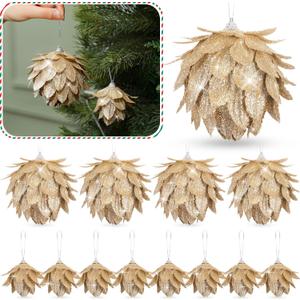Syhood 12 Pcs Christmas Ball Ornaments Glitter Pinecone Balls Xmas Tree Decoration Hanging Pinecone Ornaments Rustic Pine Cones for Xmas Winter Party Holiday Wedding Home Decorations(Champagne Gold)