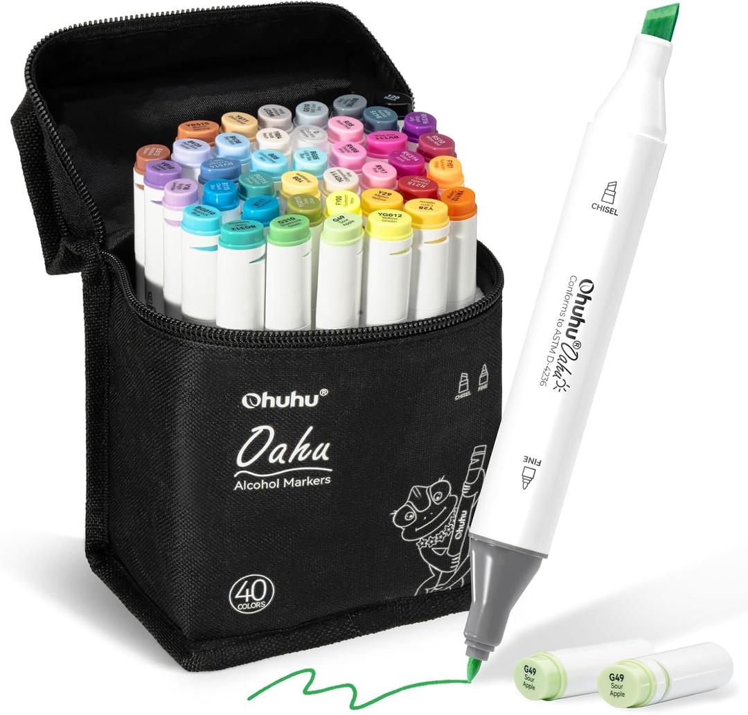 Ohuhu Markers - AP Certificated Double Tipped Art Marker Set for Artists Adults Coloring Illustration -Refillable - 40 Colors - Chisel and Fine Dual Tips - Oahu of Ohuhu Markers