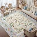 jinchan Floral 6x9 Area Rugs Machine Washable Rug Netural Indoor Non Slip Chinoiserie Flower Printed Oriental Vintage Soft Carpet for Bedroom Living Room Dining Room Beige/Blue
