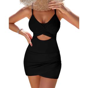 GRAPENT One Piece Bathing Suit for Women with Skirt Cutout Swimsuits Criss Cross Swim Dress Colorblock Tie Back Swimwear (Medium, Black)