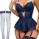 Lilosy Sexy Stocking Rhinestones Heart Garter Underwire Floral Mesh lace Sheer Babydoll Lingerie Teddy Bodysuit Skirt Set (XX-Large, Navy Blue)