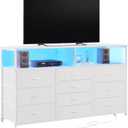Unionly 55W 10-Drawers Dresser with 2 Open Storage Shelves, TV Stand Dresser for 55,65 inch TVwith Power Outlets and LED Lights, Fabric Dressers Drawers for Bedroom, Living Room (White), 11.8"D x 55.1"W x 35.4"H