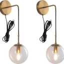 Wall Sconces Set of Two Plug in Wall Sconces Brushed Brass Gold Wall Lamp with Cord Wall Sconce Plug in with Globe Clear Glass Shade Sconces Set of 2 Wall Light Sconce