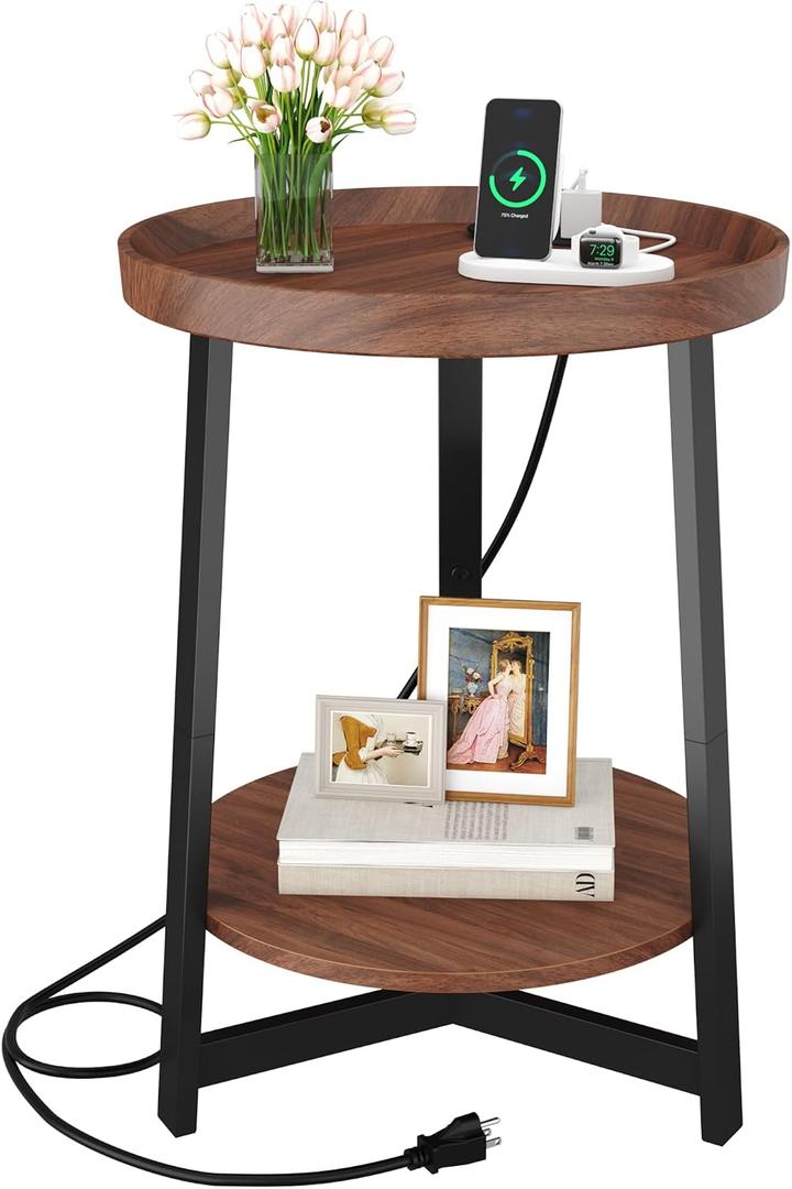 Round Industrial Side Table with Charging Station, 2-Tier Round End Table with USB Port & Power Outlet, Nightstand with Metal Frame for Small Spaces, Living Room, Bedroom, Cherry, 15.75"D x 11.75"W x 23.03"H