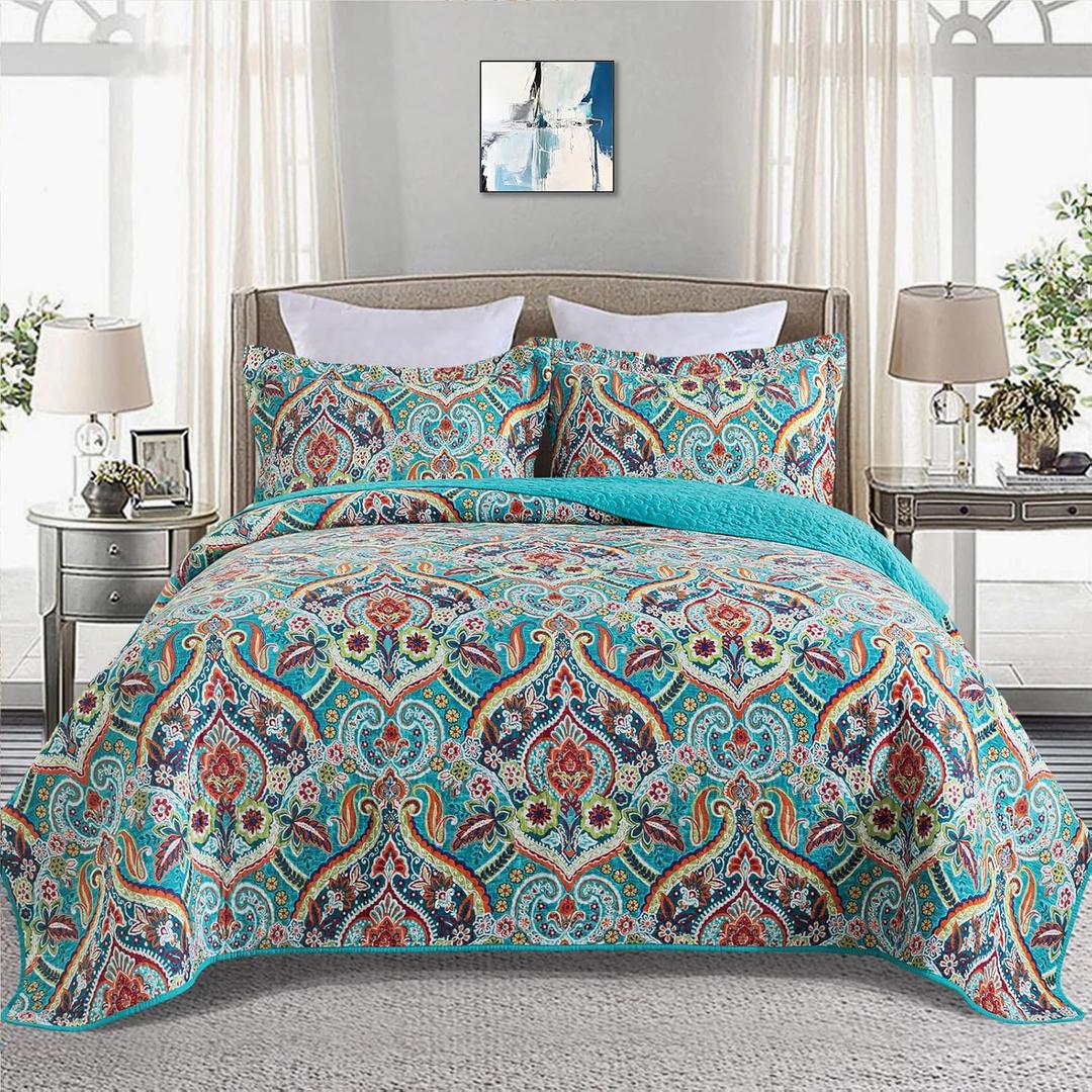 BEDIFANY Cotton Queen Quilt Set - Lightweight Queen Size Quilts Bedding Set for a Comfortable Sleep - Reversible Bedspread Coverlet (90 * 98 in) with Boho Pattern, 3 Pieces