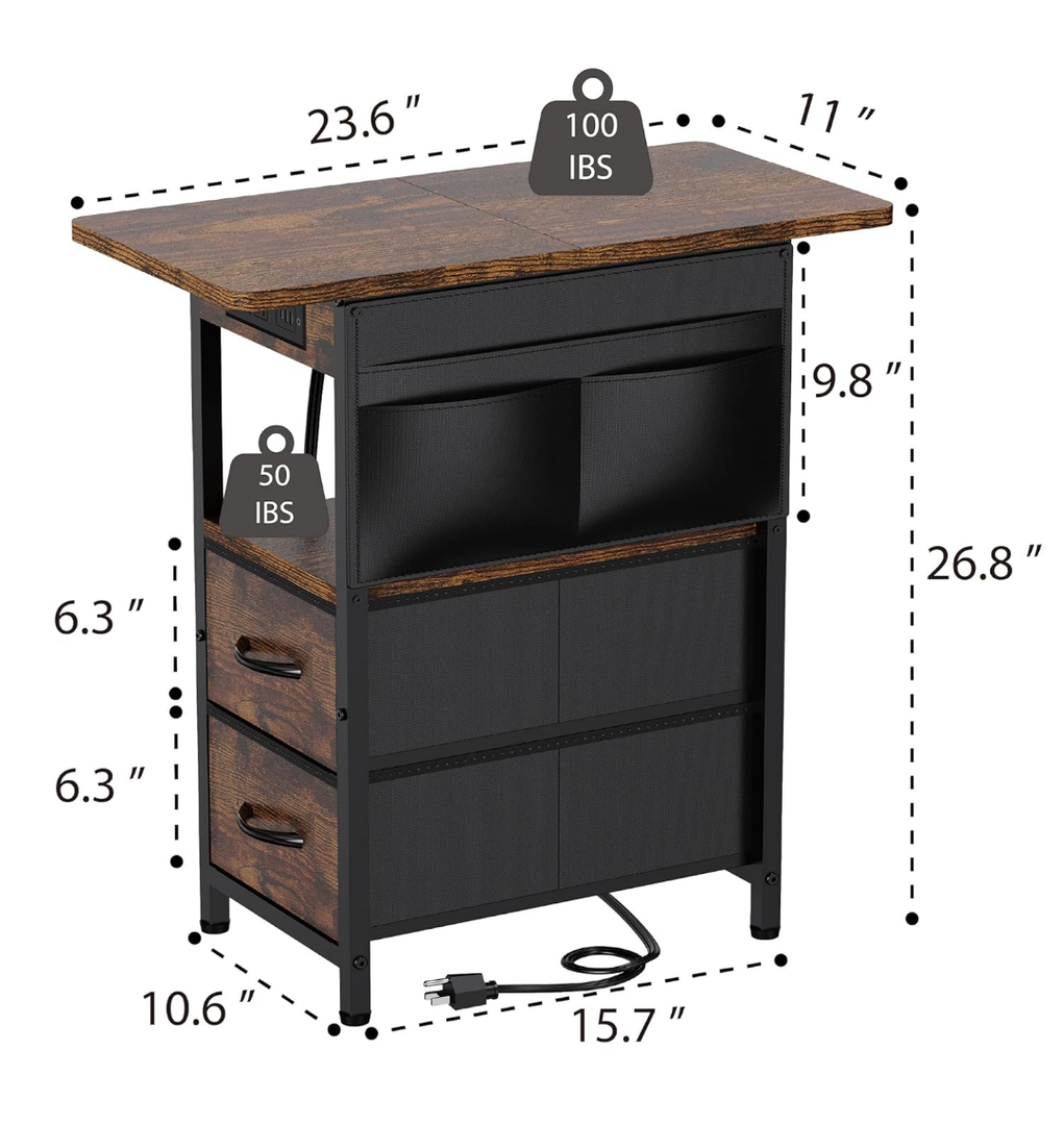 Small Side Table with Charging Station, Narrow Nightstand Bedside Tables with Storage Pocket for Living Room Bedroom, Sofa End Table with USB Ports and Power Outlets for Small Spaces