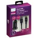 Phillips Dual USB Car Charger With USB A/USB C Charge Cable