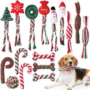 30 Pcs Christmas Dog Chew Toys Puppy Rope Bone Shape Candy Cane Assorted Styles Dog Tug of War Toys for Aggressive Chewers Small Medium Large Breed Pet Teething